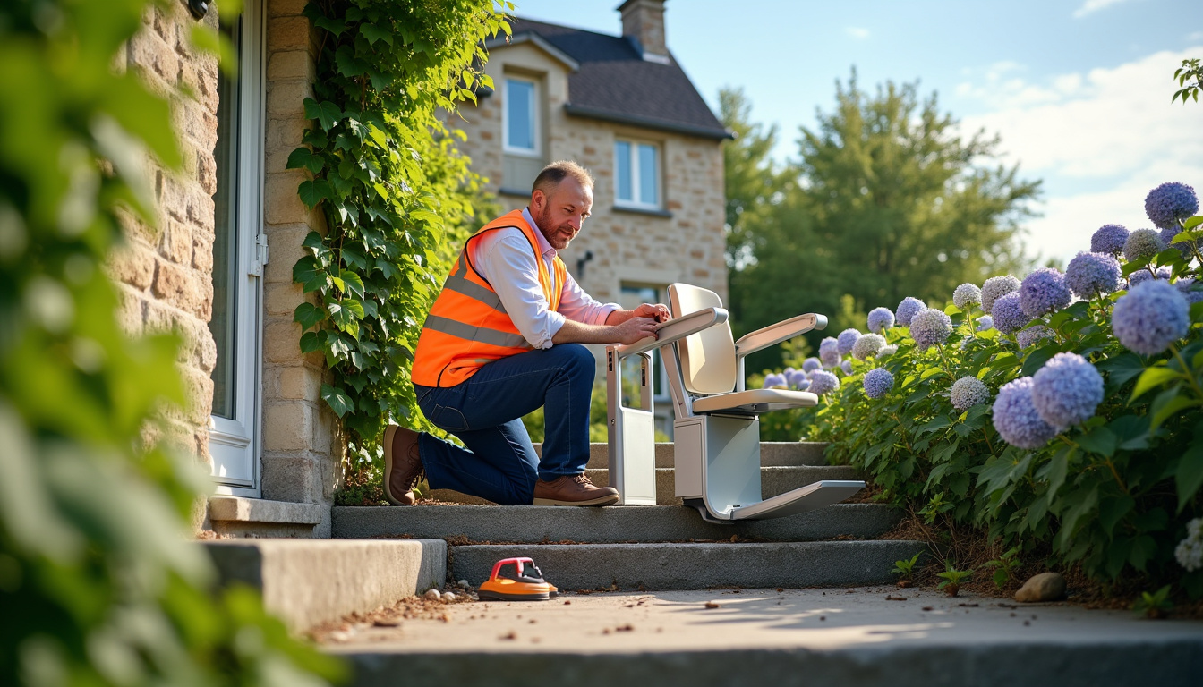 Technicien en train d’installer un monte-escalier extérieur à Fontaine-la-Mallet