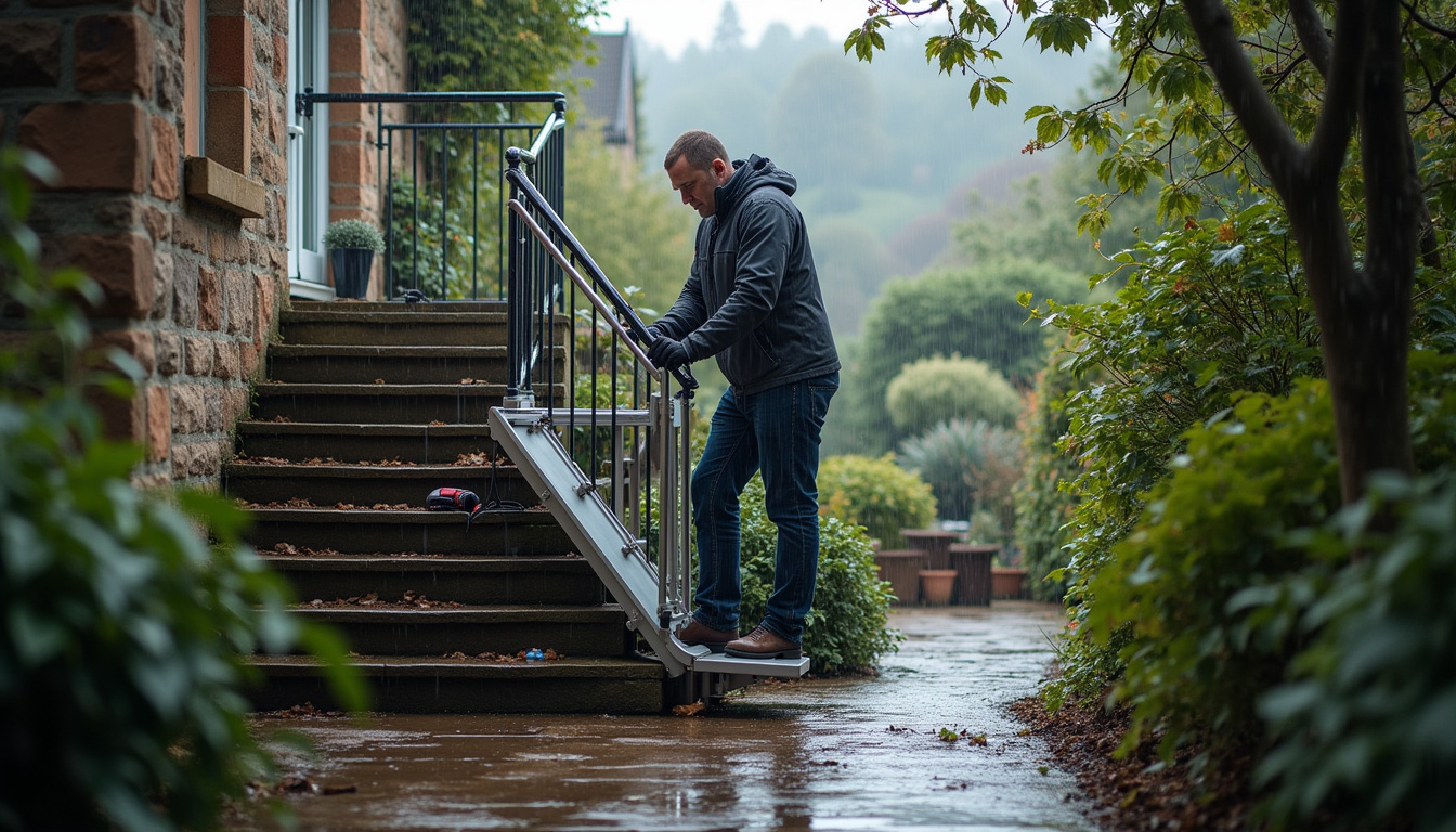Technicien en train d’installer un monte-escalier extérieur à Saulnes par temps pluvieux, illustrant les conditions climatiques humides