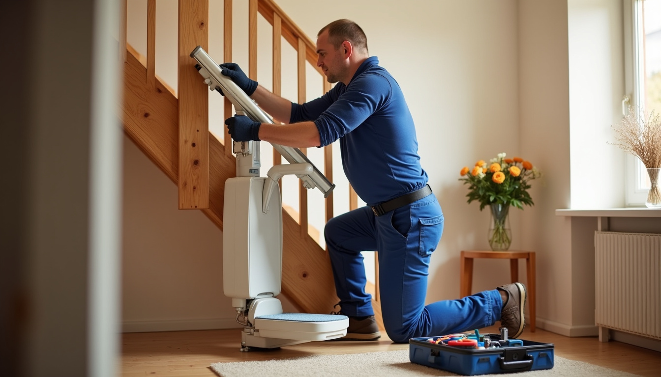 Technicien en train d’installer un monte-escalier intérieur dans une maison de Troyes