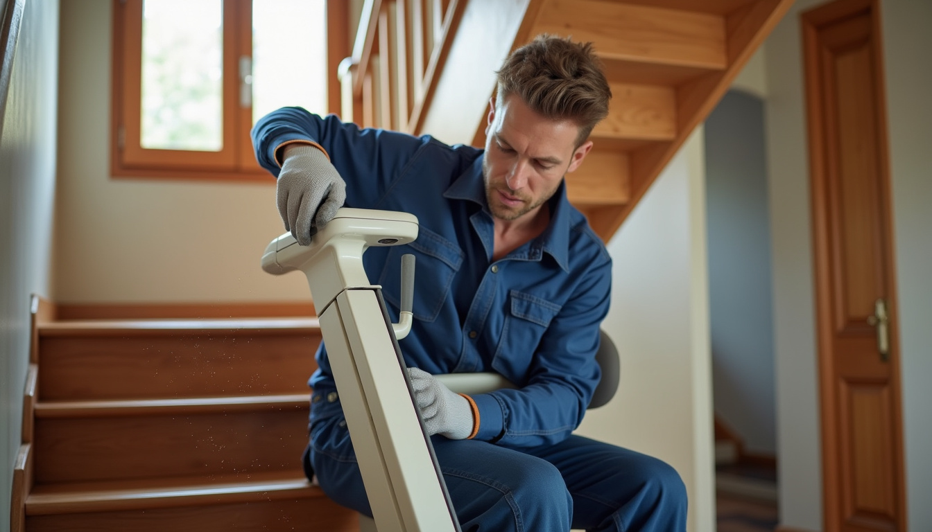 Technicien en train d’installer un monte-escalier lors d’une visite à domicile à Saint-Georges-sur-Cher