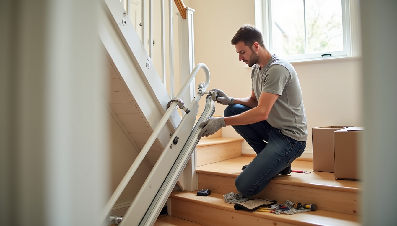 Technicien en train d’installer un monte-escalier sur un escalier droit