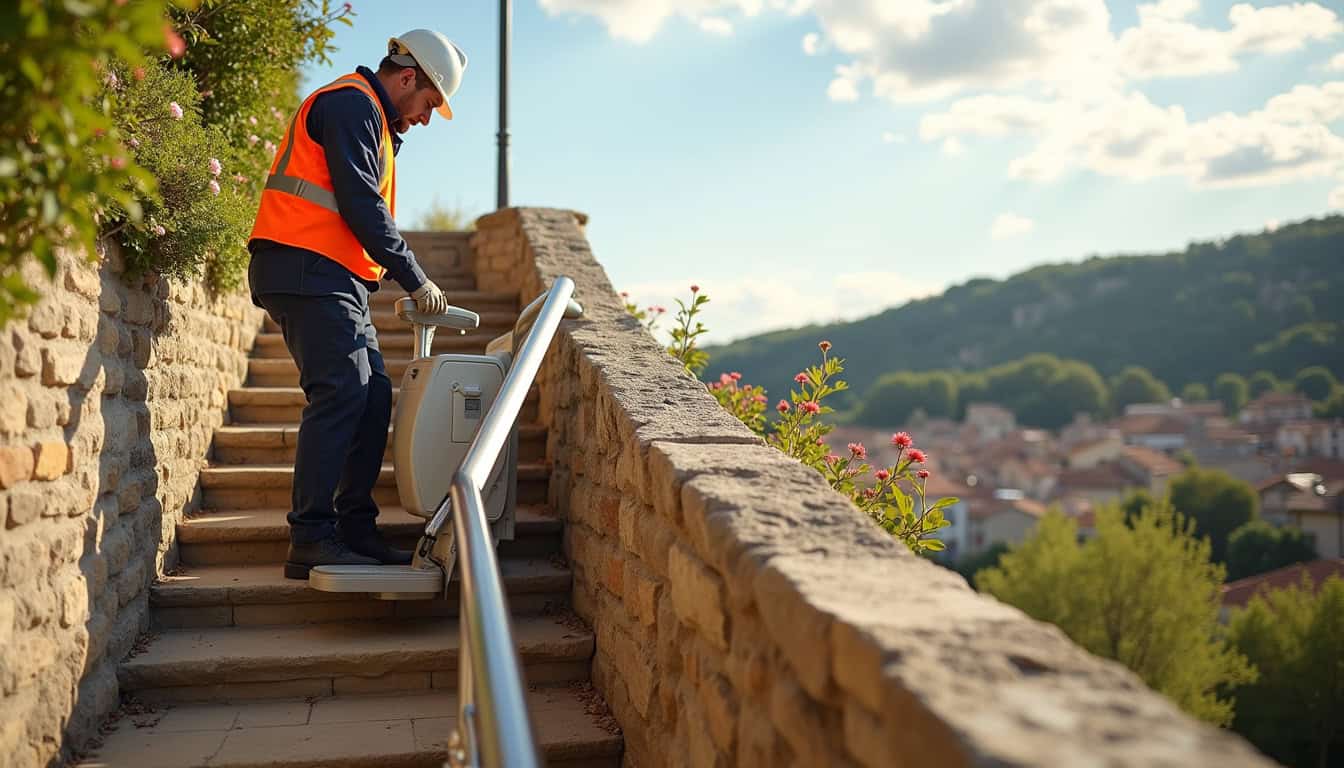 Technicien en train d’installer un monte-escalier sur un escalier extérieur en virage à Montmeyran