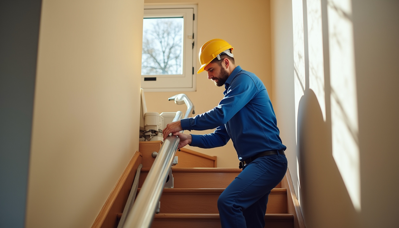 Technicien en train d’installer un monte-escalier sur un escalier intérieur à Mittelhausbergen