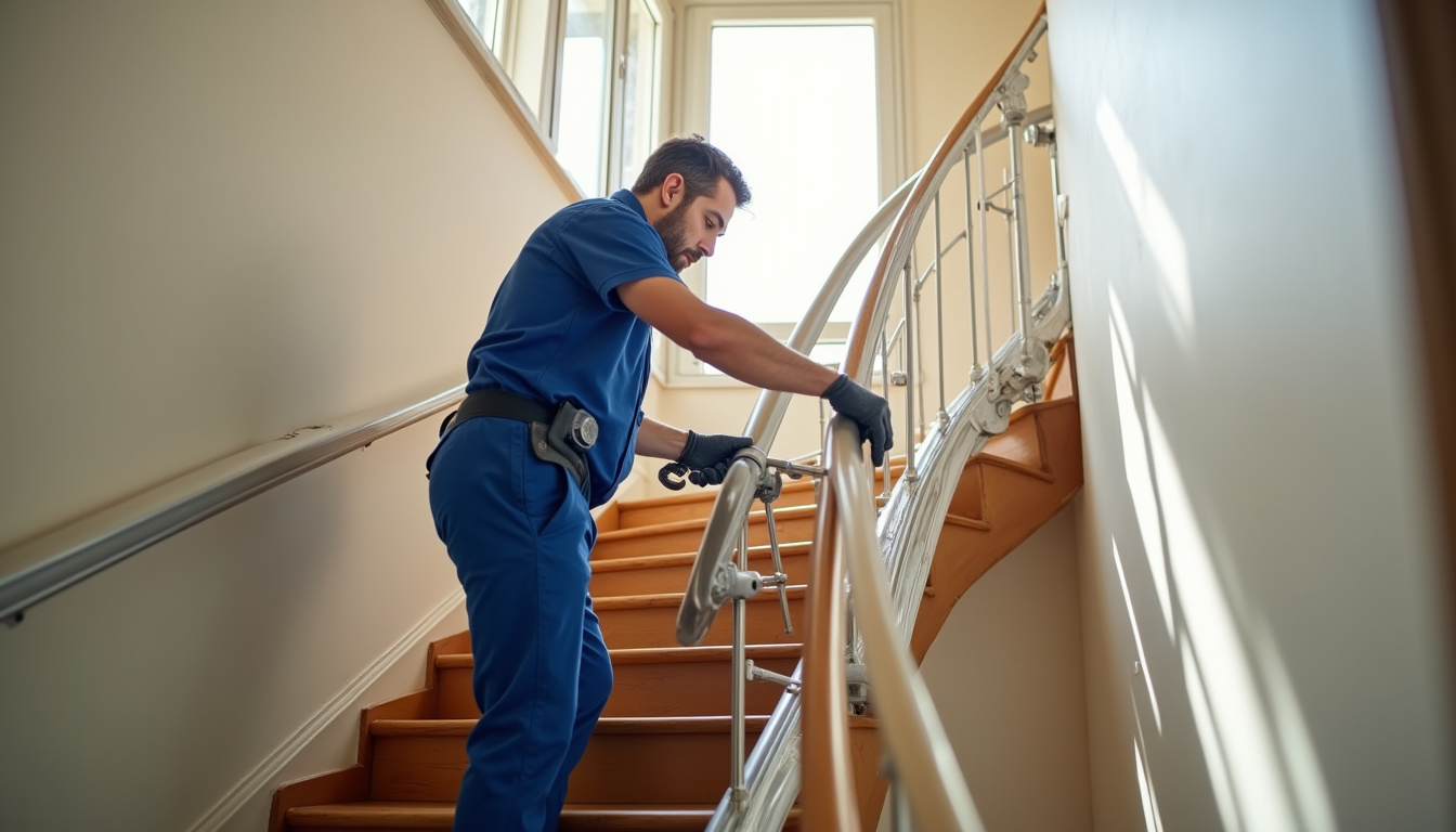 Technicien en train d’installer un monte-escalier sur un escalier tournant à Voreppe