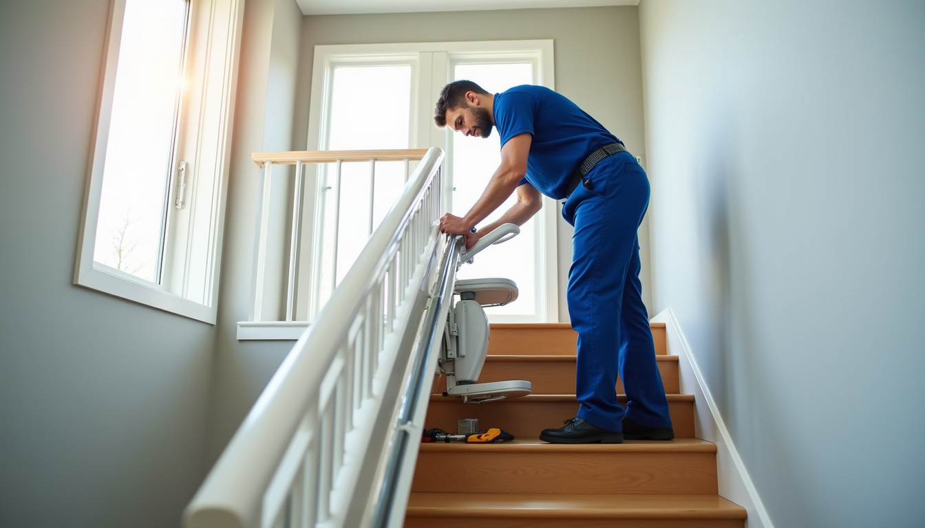 Technicien en train d’installer un monte-escalier sur une rampe d’escalier