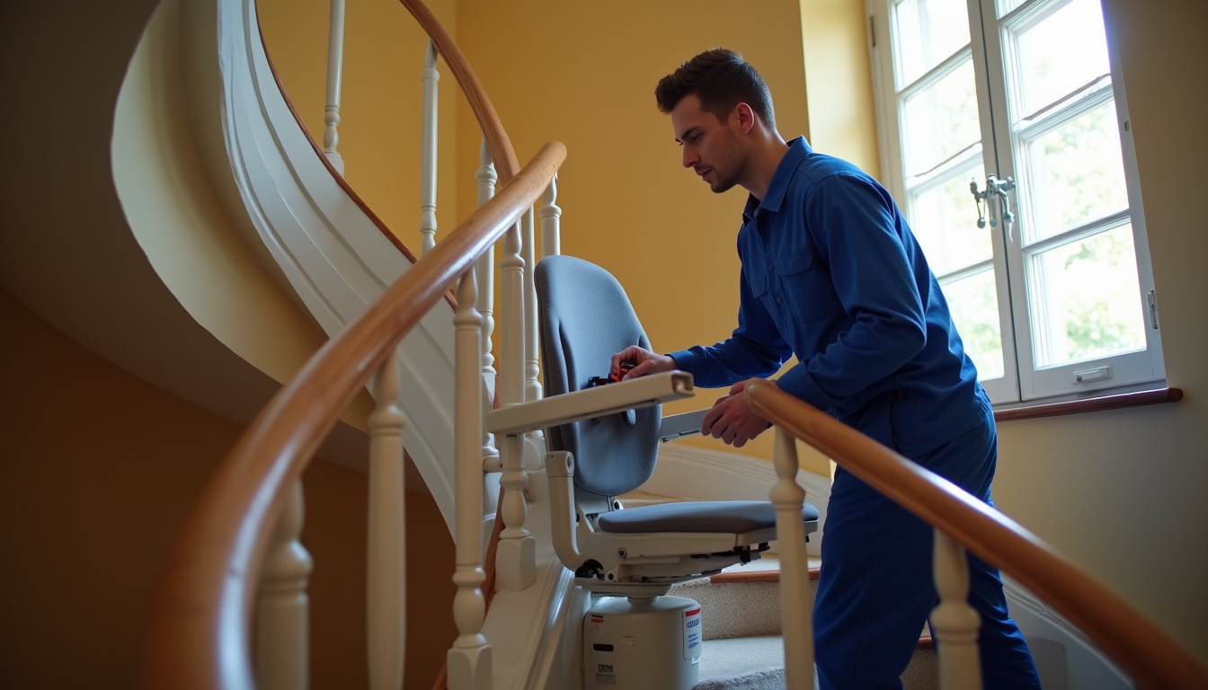 Technicien en train d’installer un monte-escalier tournant à Vailly-sur-Aisne