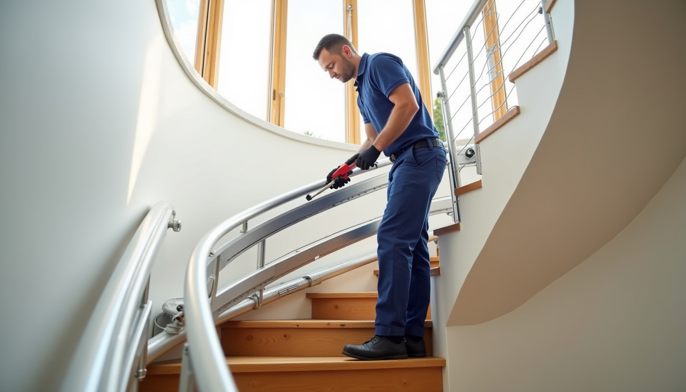 Technicien en train d’installer un monte-escalier tournant dans une maison à Burie