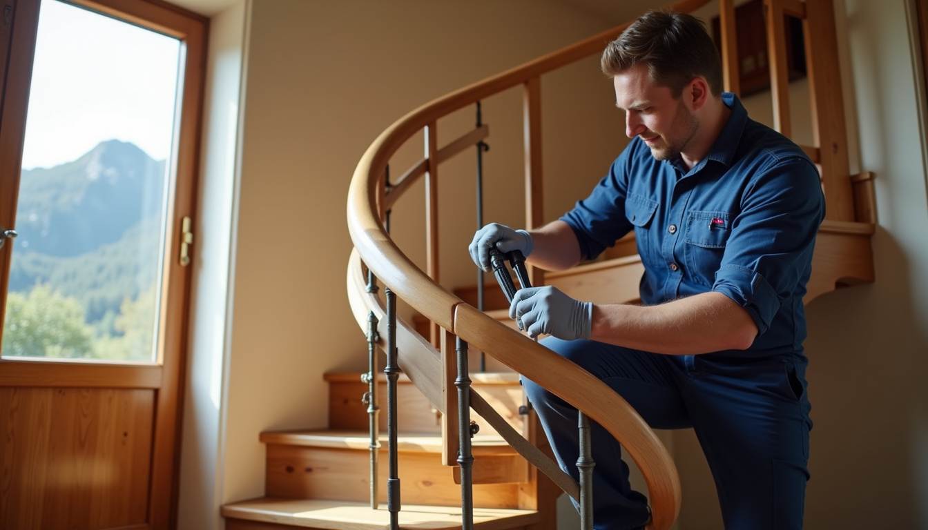 Technicien en train d’installer un monte-escalier tournant dans une maison à La Bourboule