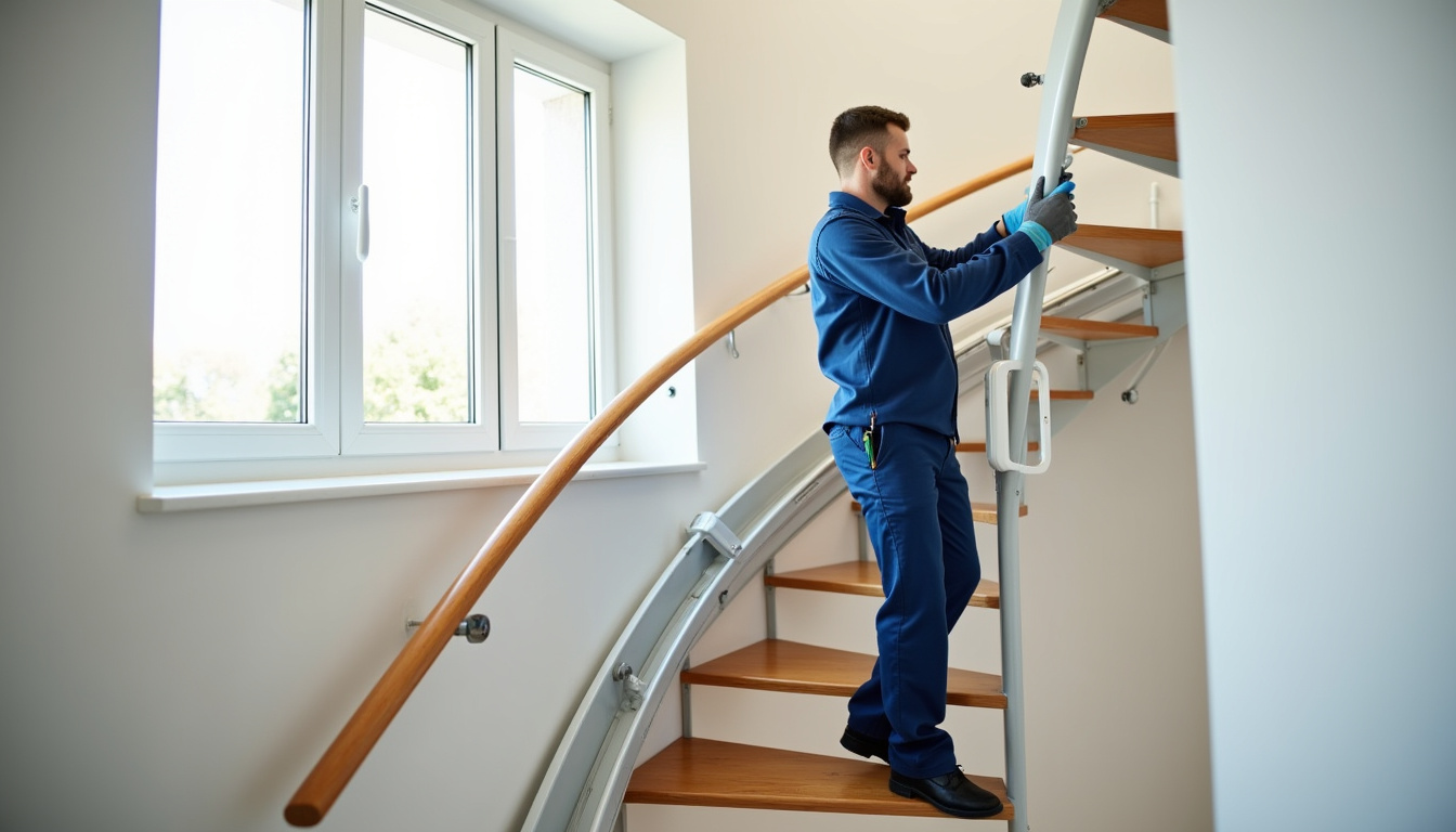 Technicien en train d’installer un monte-escalier tournant dans une maison à La Chapelle-Heulin