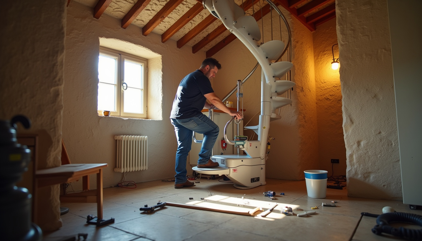 Technicien en train d’installer un monte-escalier tournant dans une maison à Les Gonds