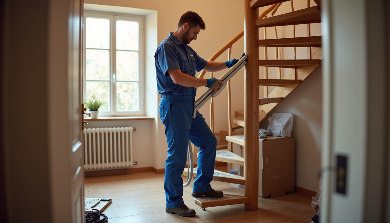 Technicien en train d’installer un monte-escalier tournant dans une maison à Morigny-Champigny