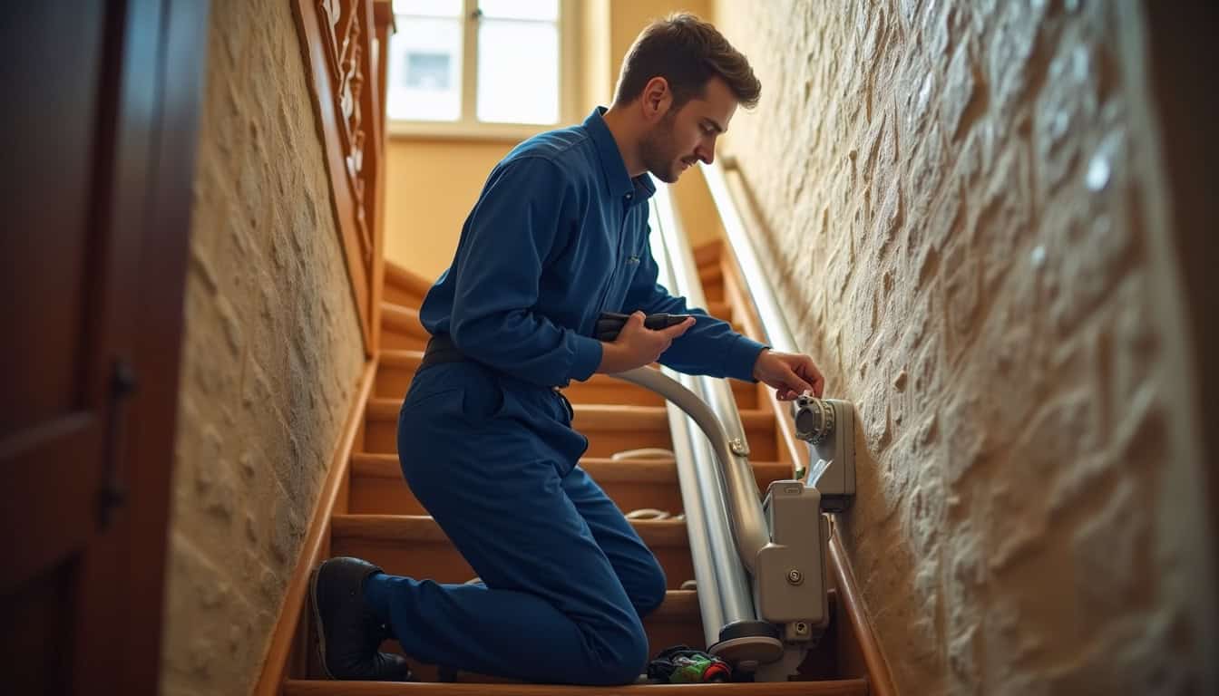 Technicien en train d'installer un monte-escalier tournant dans une maison à Tours