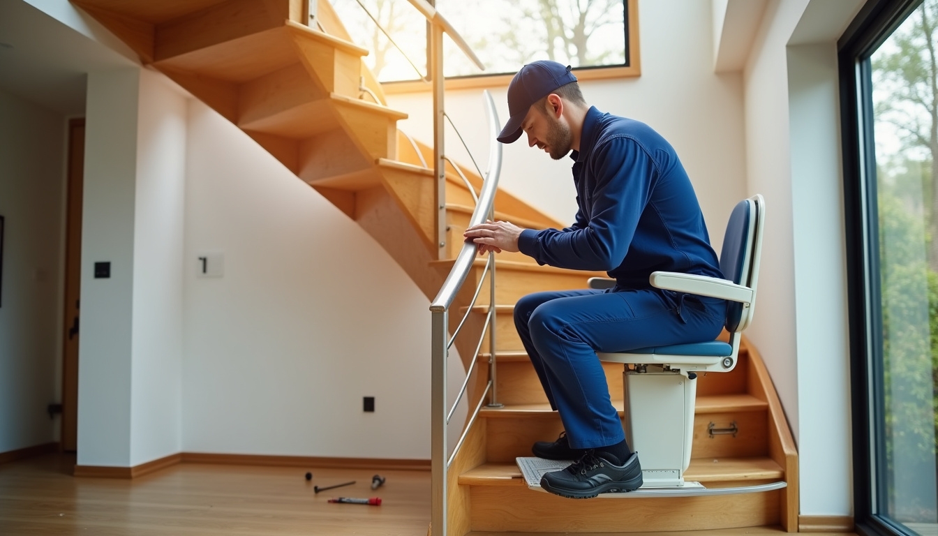 Technicien en train d’installer un monte-escalier tournant dans une maison à Ville-d'Avray