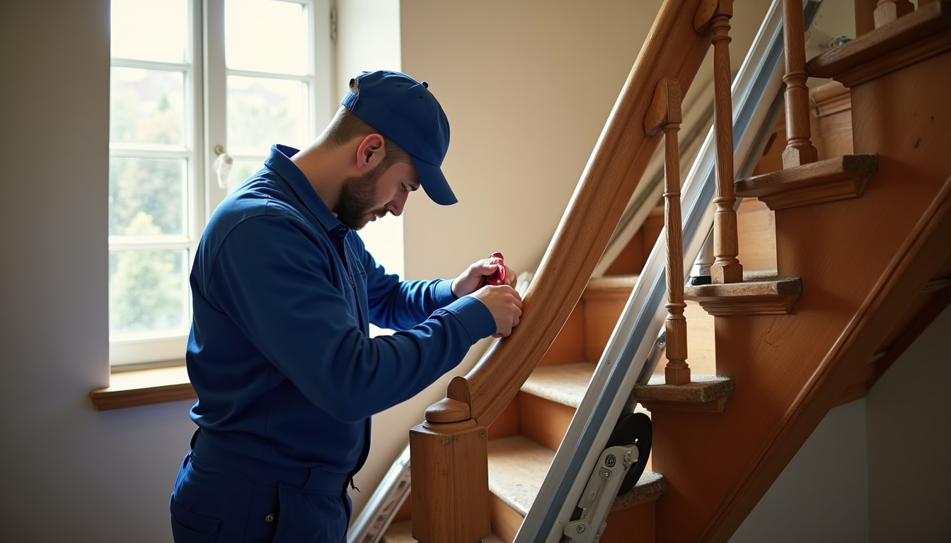 Technicien en train d’installer un monte-escalier tournant dans une maison ancienne à Mens