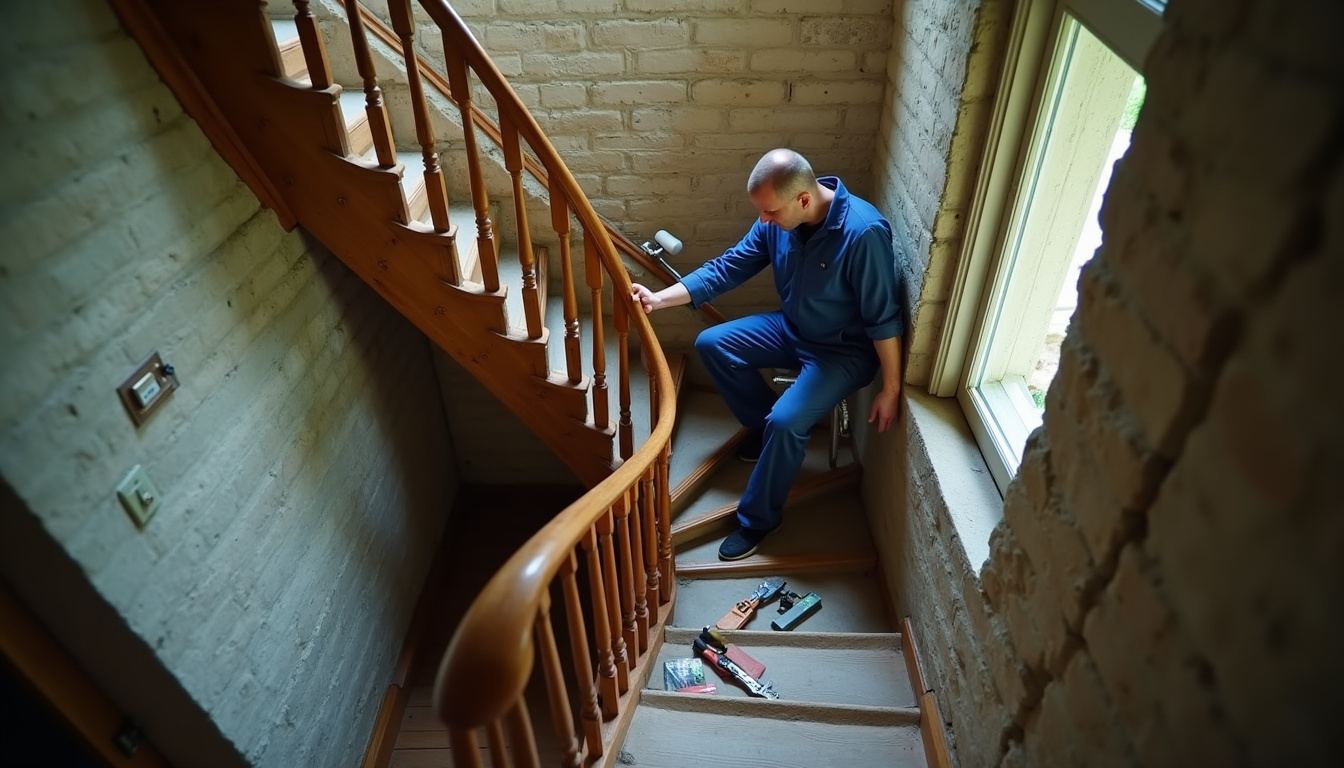 Technicien en train d’installer un monte-escalier tournant dans une maison ancienne à Robecq