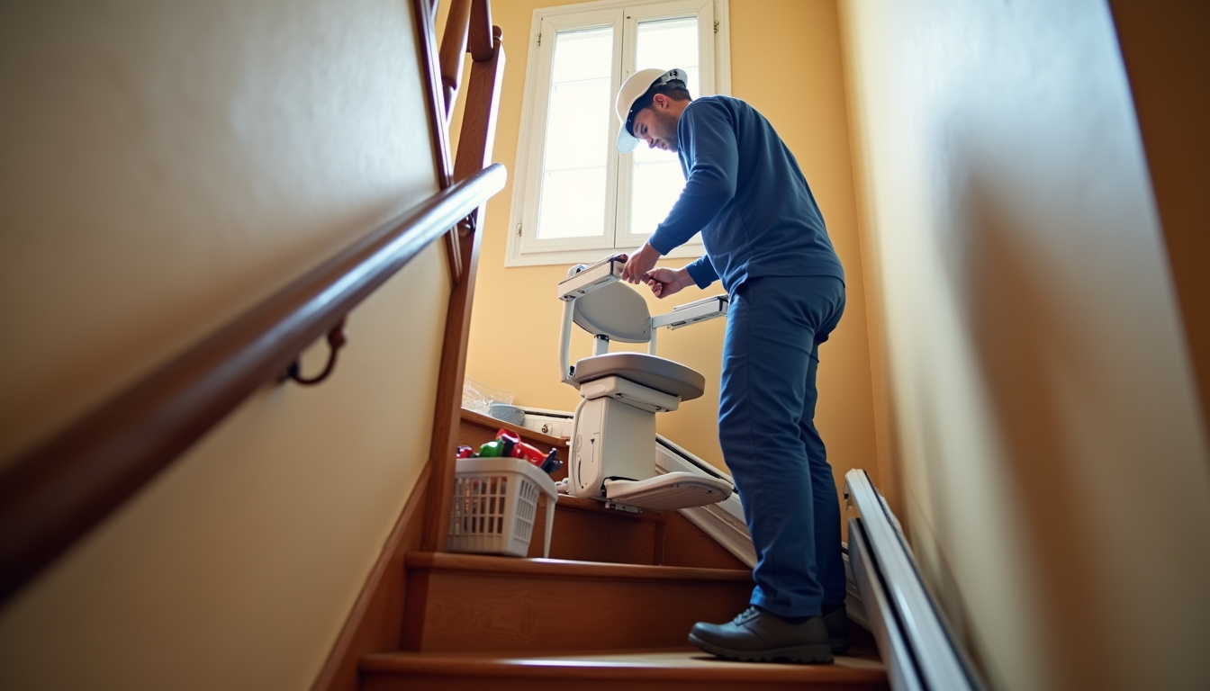 Technicien en train d’installer un monte escalier tournant dans une maison d’Auneuil