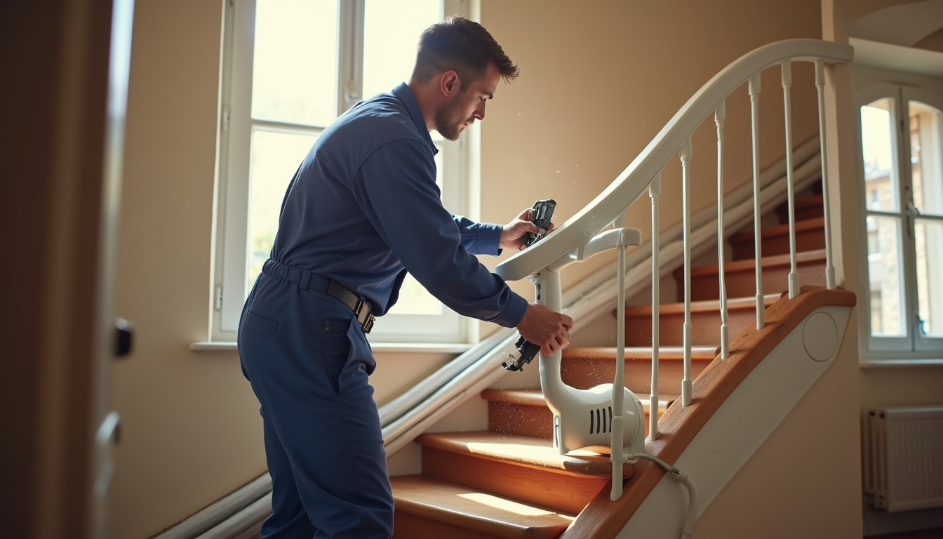 Technicien en train d’installer un monte-escalier tournant dans une maison de Fontenay-le-Comte