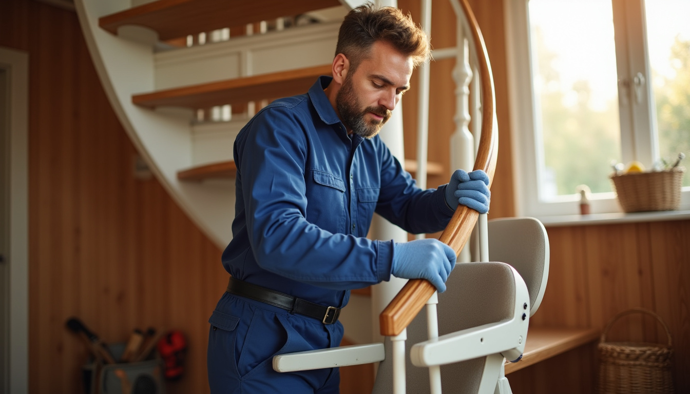 Technicien en train d’installer un monte-escalier tournant dans une maison de Labaroche