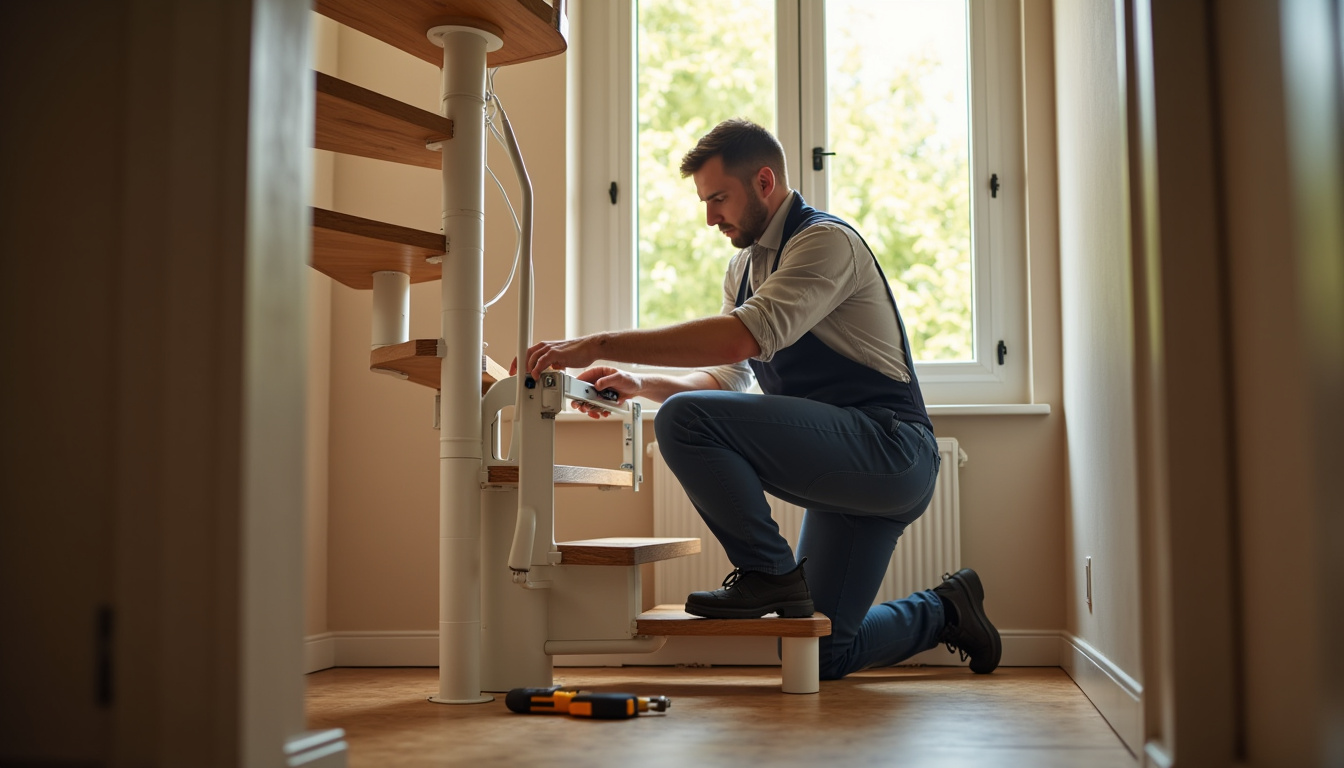 Technicien en train d’installer un monte-escalier tournant dans une maison de Saint-Romain-le-Puy