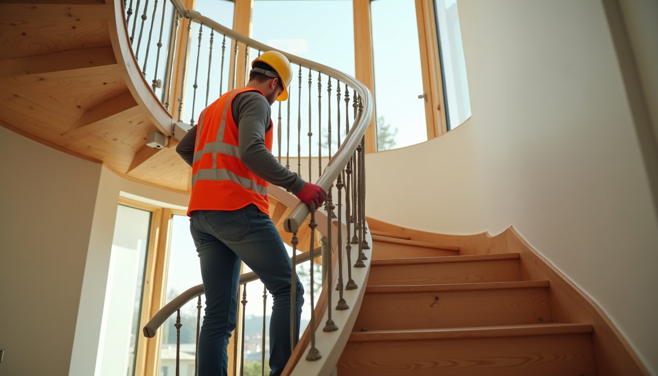 Technicien en train d’installer un monte-escalier tournant dans une maison