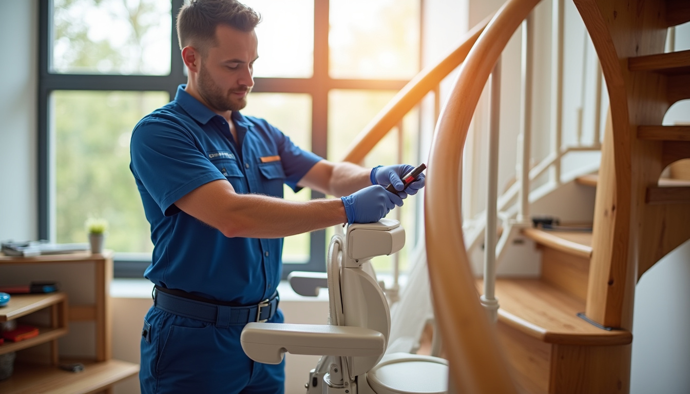 Technicien en train d’installer un monte-escalier tournant dans une maison