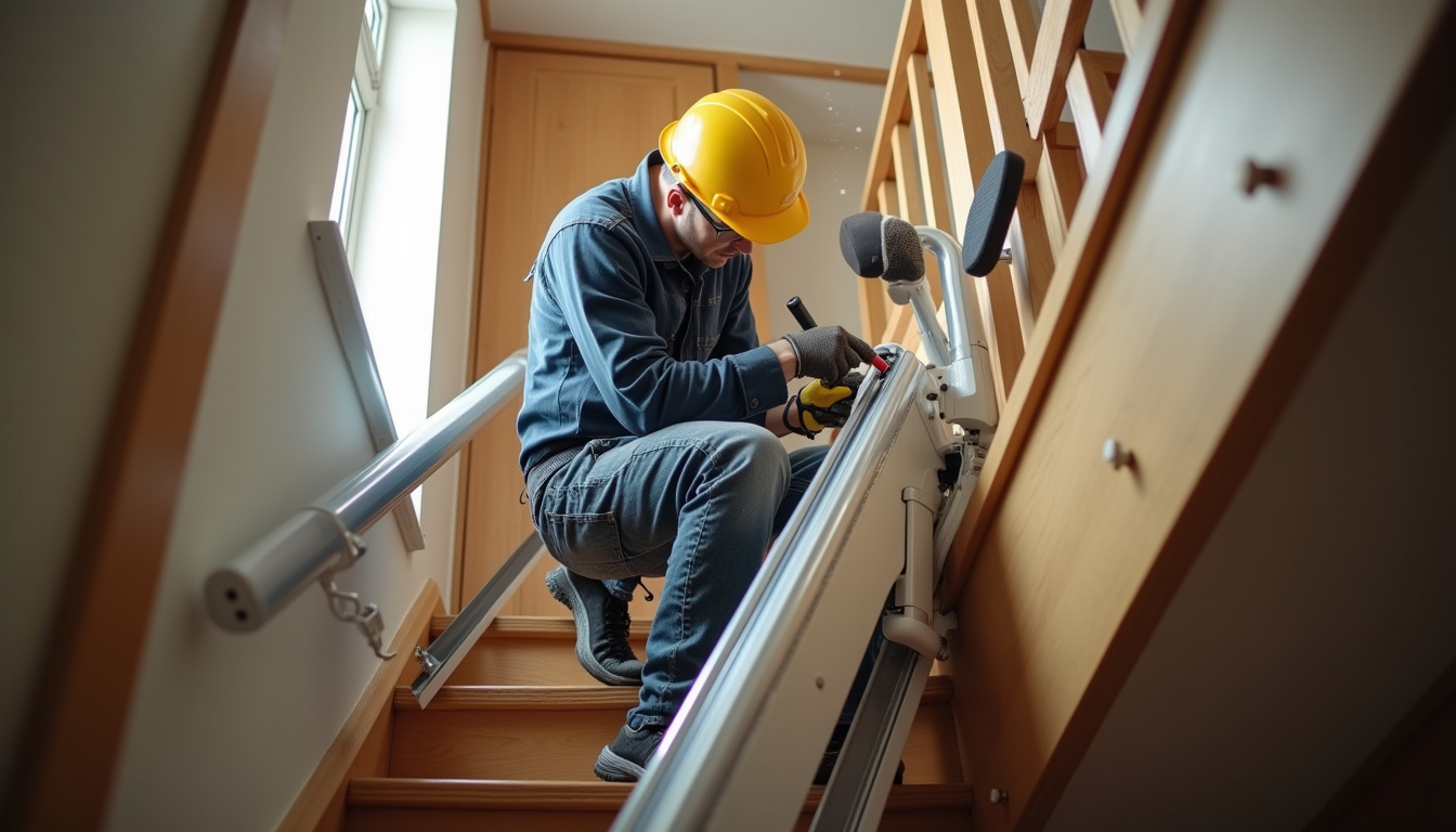 Technicien en train d’installer un rail de monte-escalier dans une habitation à Koungou, avec outils et matériel de sécurité