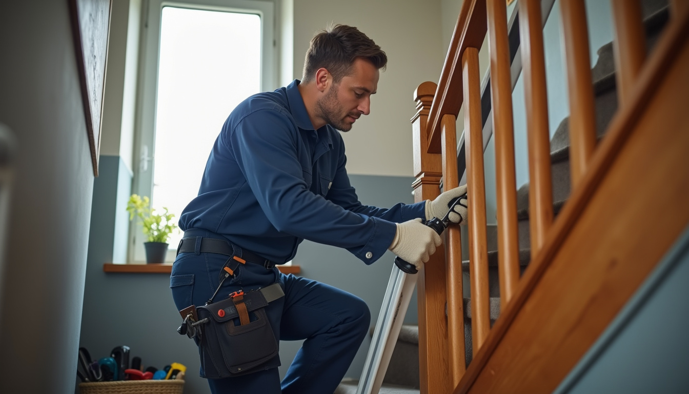 Technicien en train d’installer un rail de monte-escalier dans une maison à Le Drennec