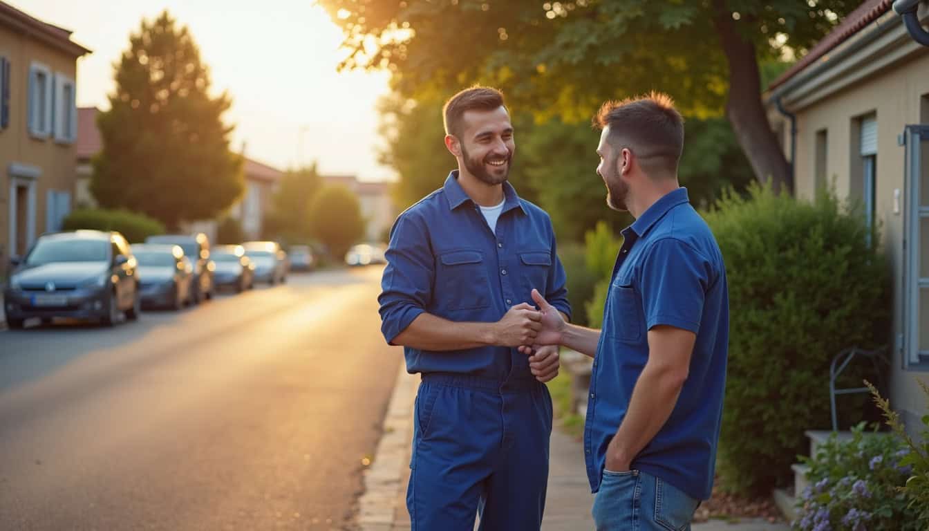 Technicien en uniforme discutant avec un client à Clairac