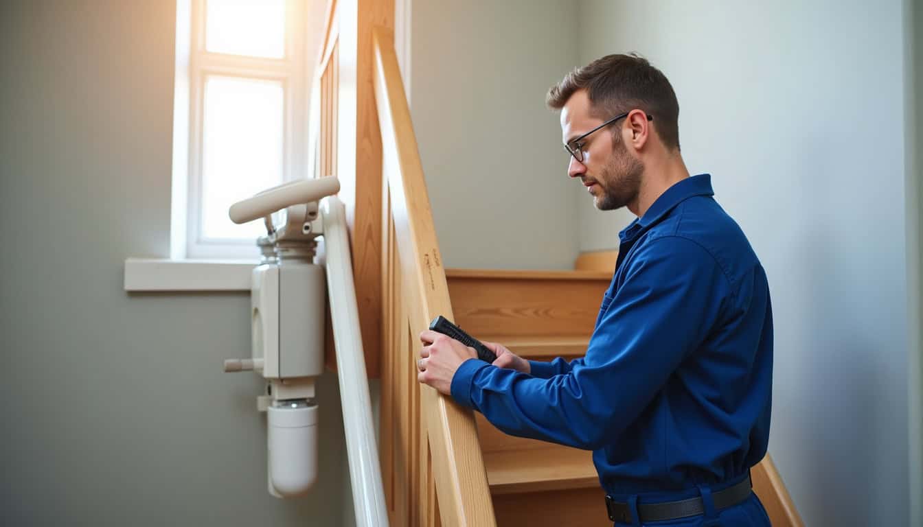 Technicien en uniforme installant un monte-escalier sur un escalier intérieur à Marles-en-Brie
