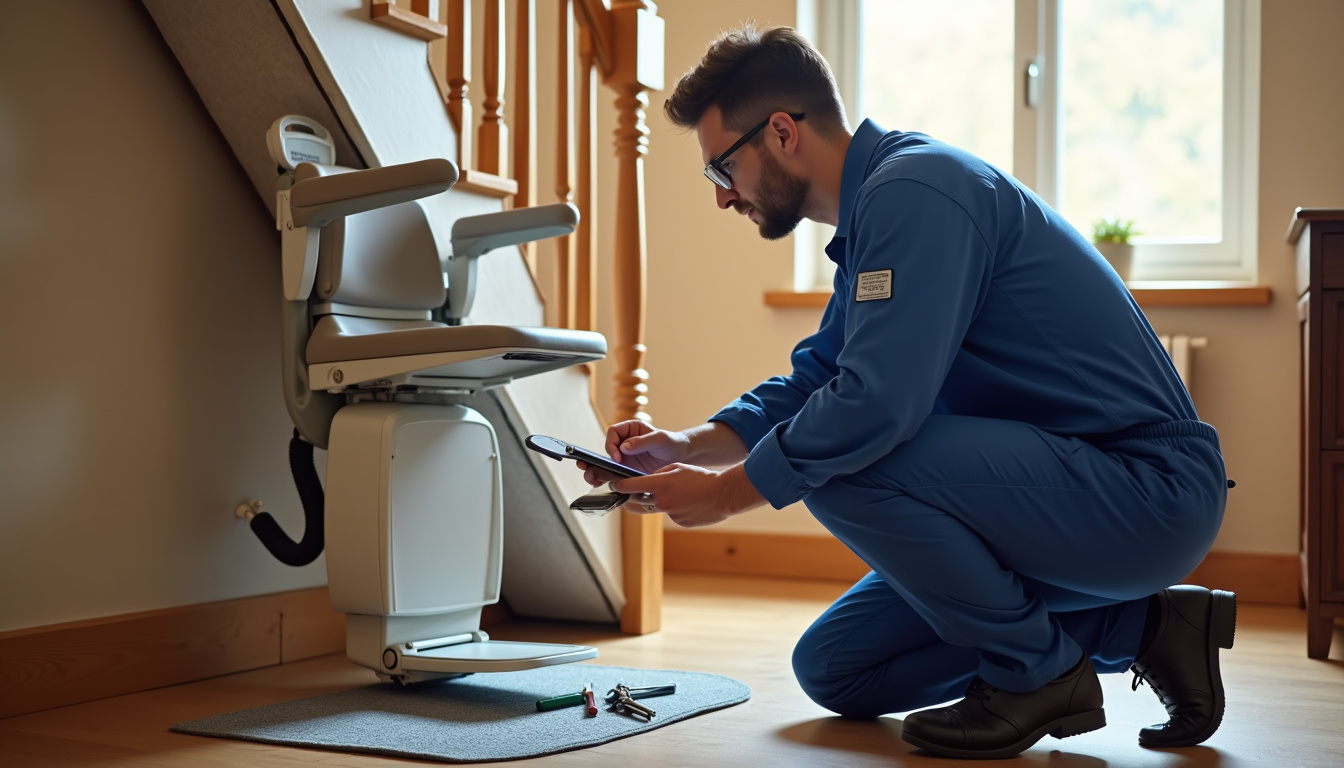 Technicien en uniforme vérifiant un monte-escalier dans une maison de Rehainviller, avec outils et tablette numérique