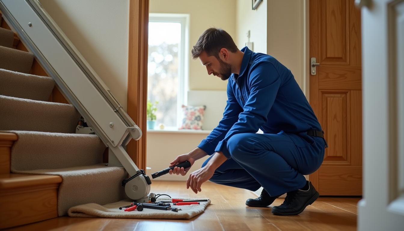 Technicien inspectant un monte-escalier en cours de maintenance