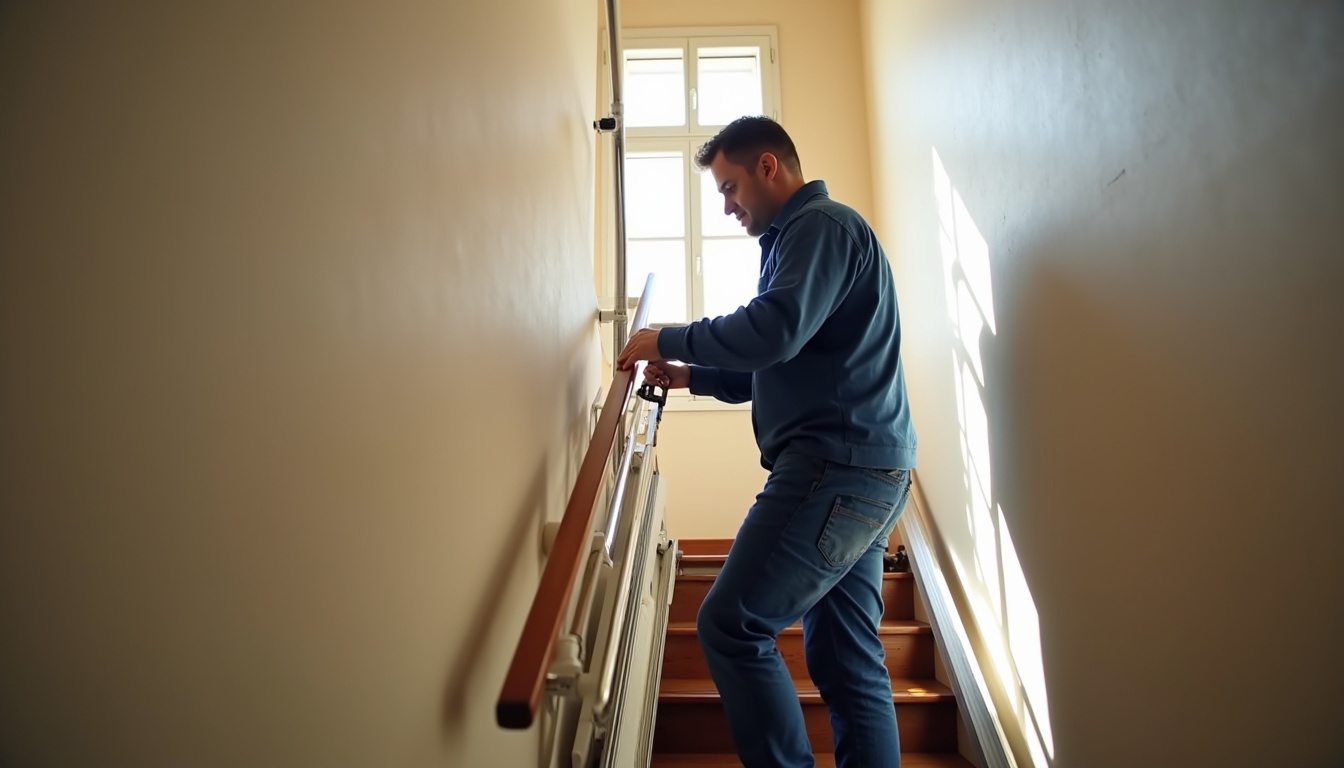 Technicien installant un monte-escalier dans le Doubs, près de Roulans