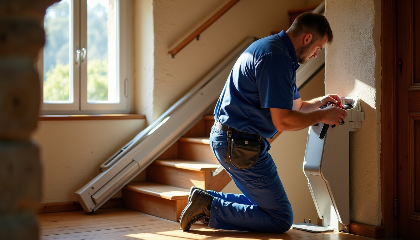 Technicien installant un monte-escalier dans une maison à Arnac-Pompadour