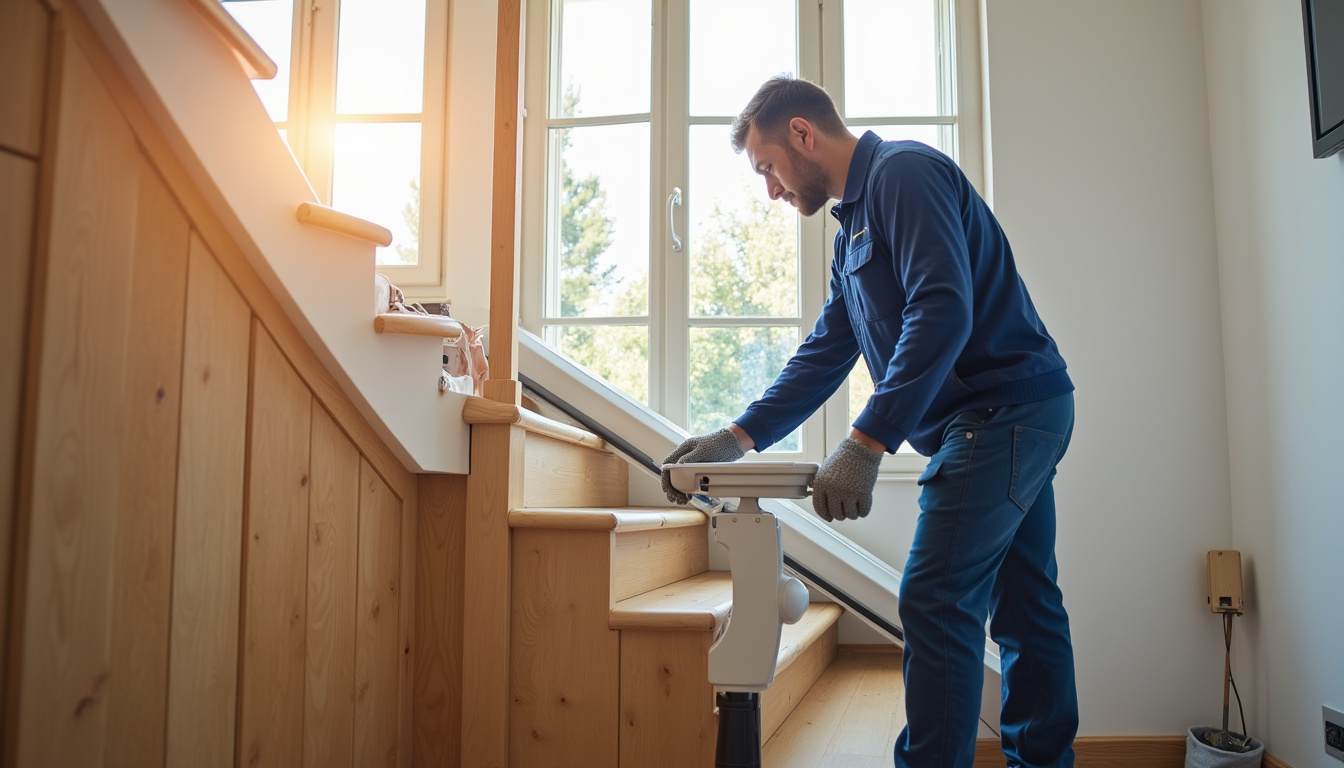 Technicien installant un monte-escalier dans une maison à Marcilloles