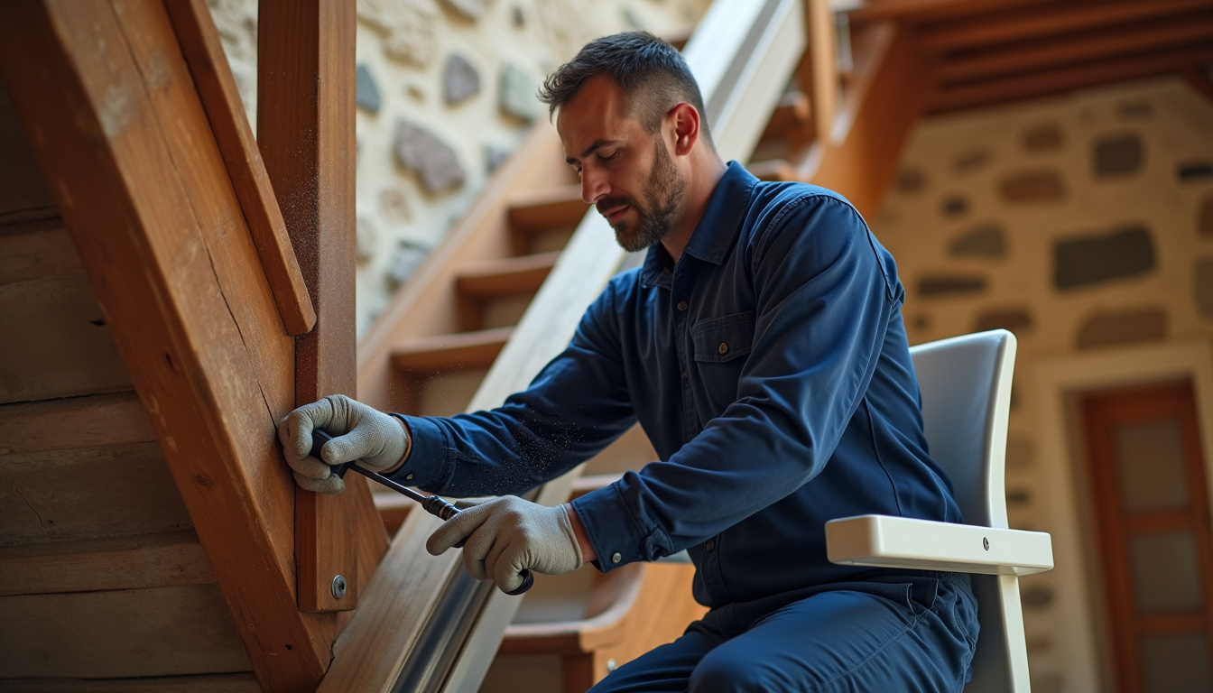 Technicien installant un monte-escalier dans une maison à Mareuil en Périgord