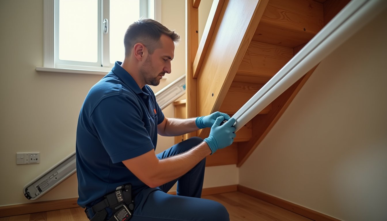Technicien installant un monte-escalier dans une maison à Saint-Fuscien
