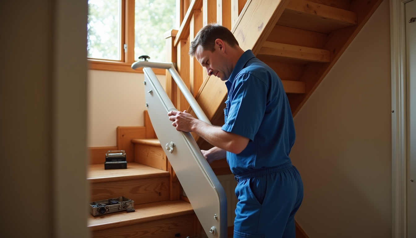 Technicien installant un monte-escalier dans une maison à Saint-Romain-en-Jarez