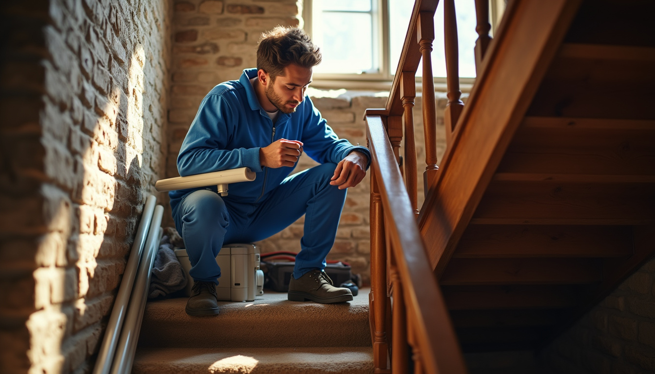 Technicien installant un monte-escalier dans une maison ancienne de Mortagne-au-Perche