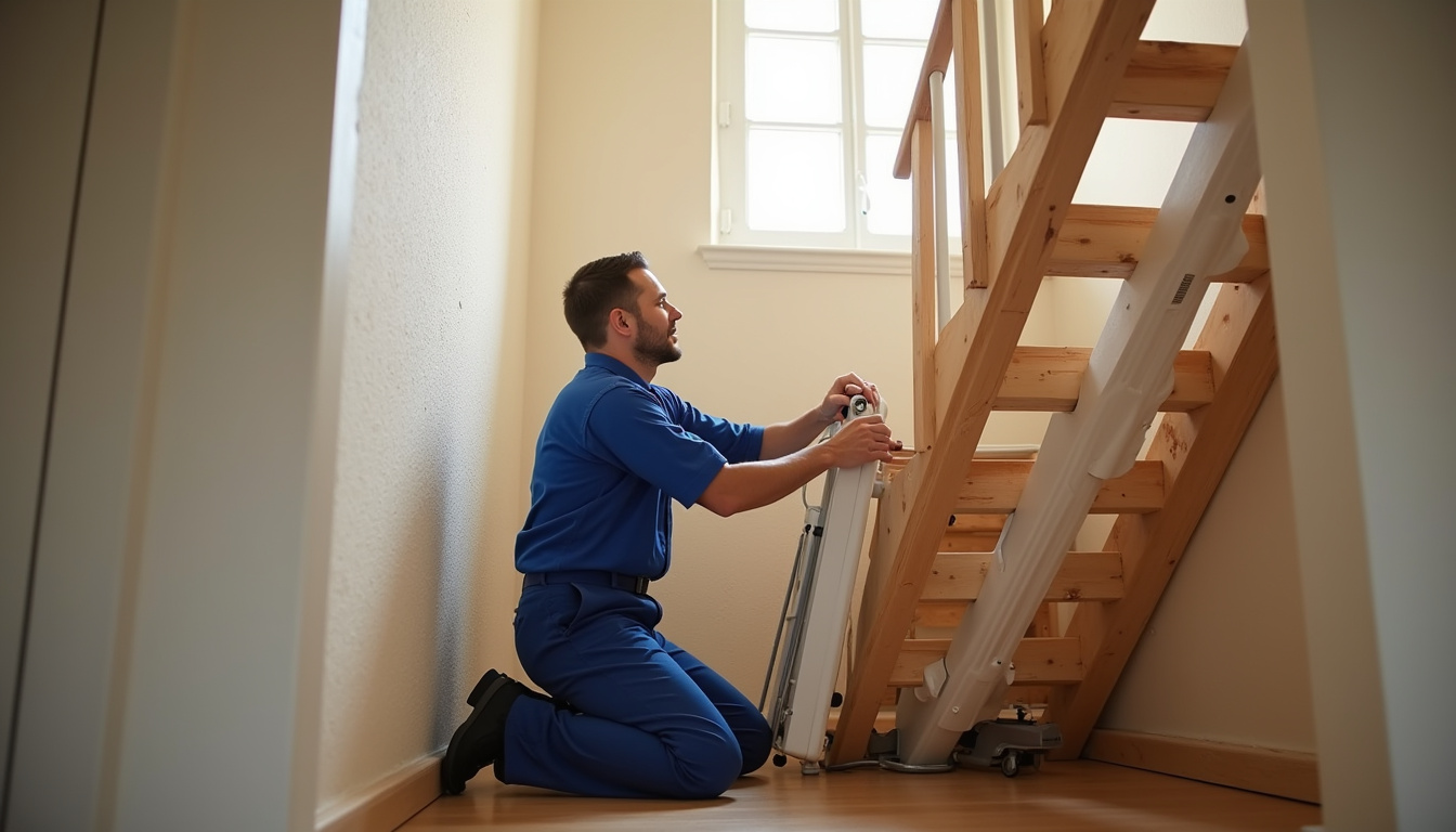 Technicien installant un monte-escalier dans une maison d