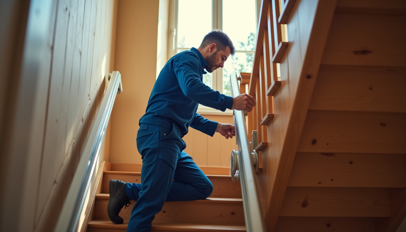 Technicien installant un monte-escalier dans une maison de Senlis
