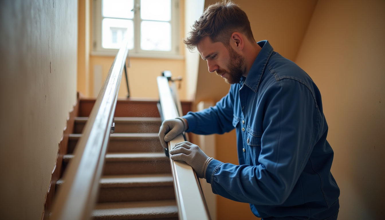 Technicien installant un monte-escalier droit dans une maison à Saint-Germain-lès-Corbeil