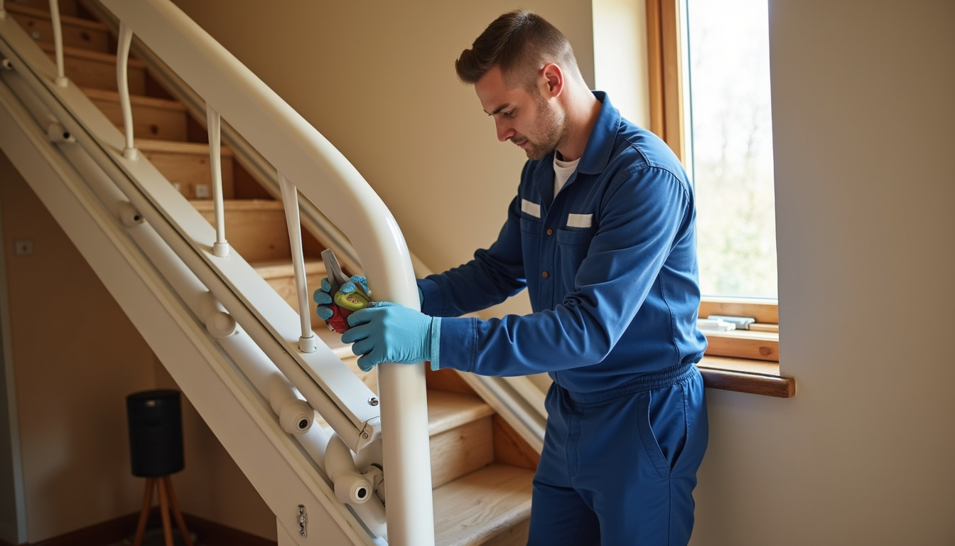 Technicien installant un monte-escalier tournant dans une habitation à Denicé