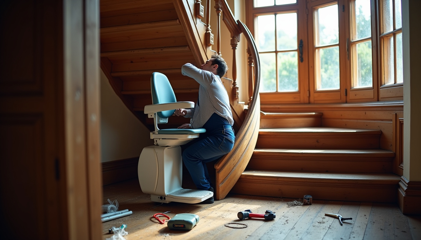 Technicien installant un monte-escalier tournant dans une maison ancienne à Les Riceys, avec outils et matériel en place