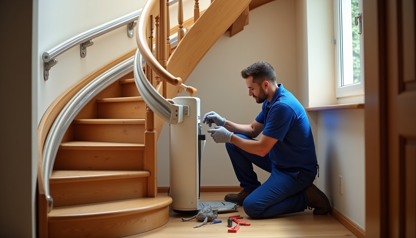 Technicien local en train d’installer un monte-escalier sur un escalier en colimaçon à Hames-Boucres