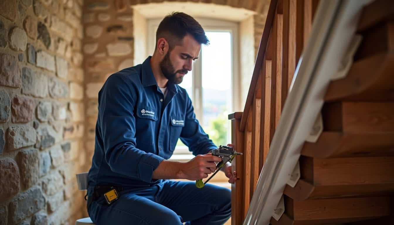 Technicien local installant un monte-escalier à Saint-Gildas-de-Rhuys