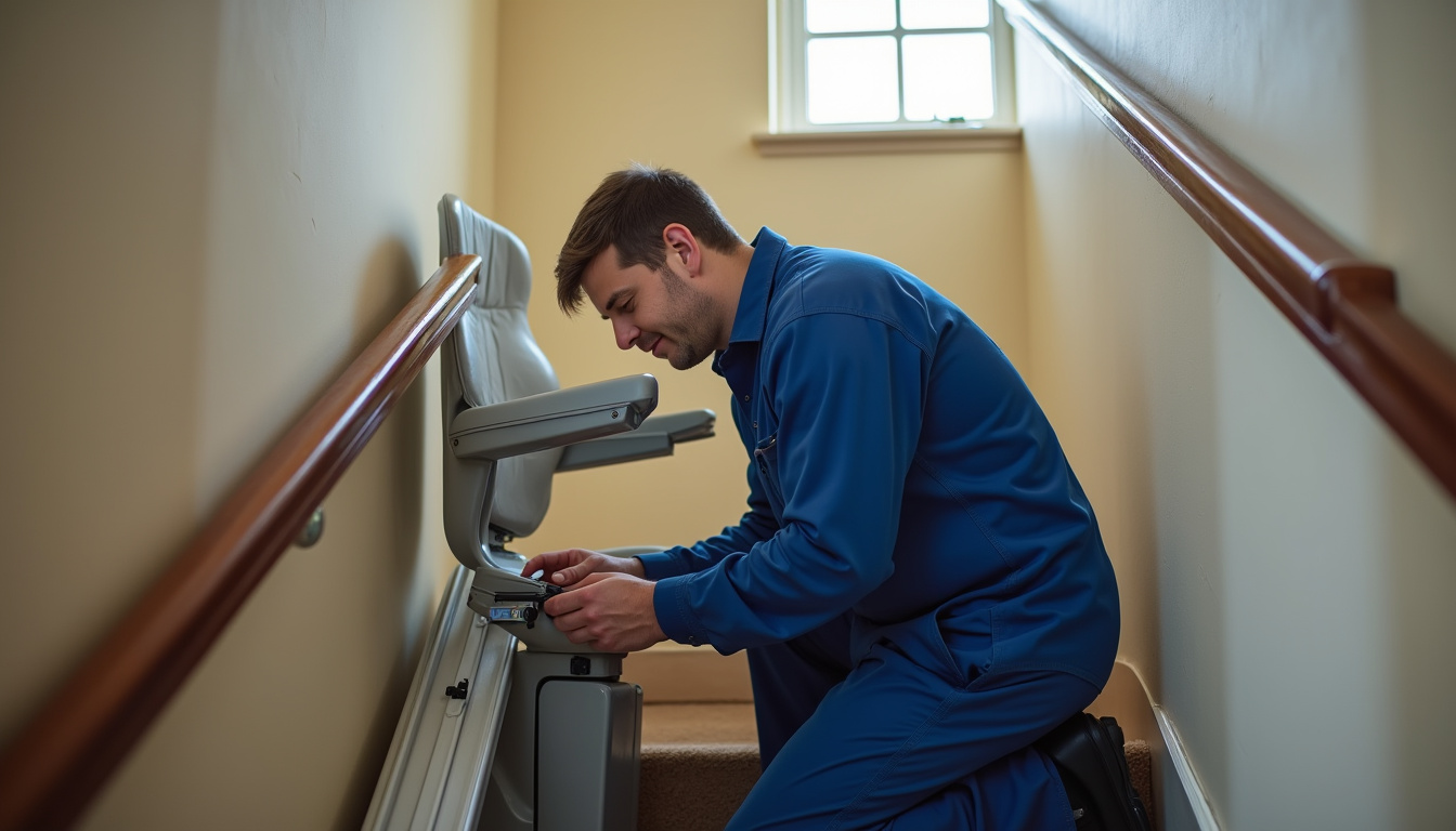 Technicien local vérifiant les capteurs de sécurité d’un monte-escalier tournant à Lille