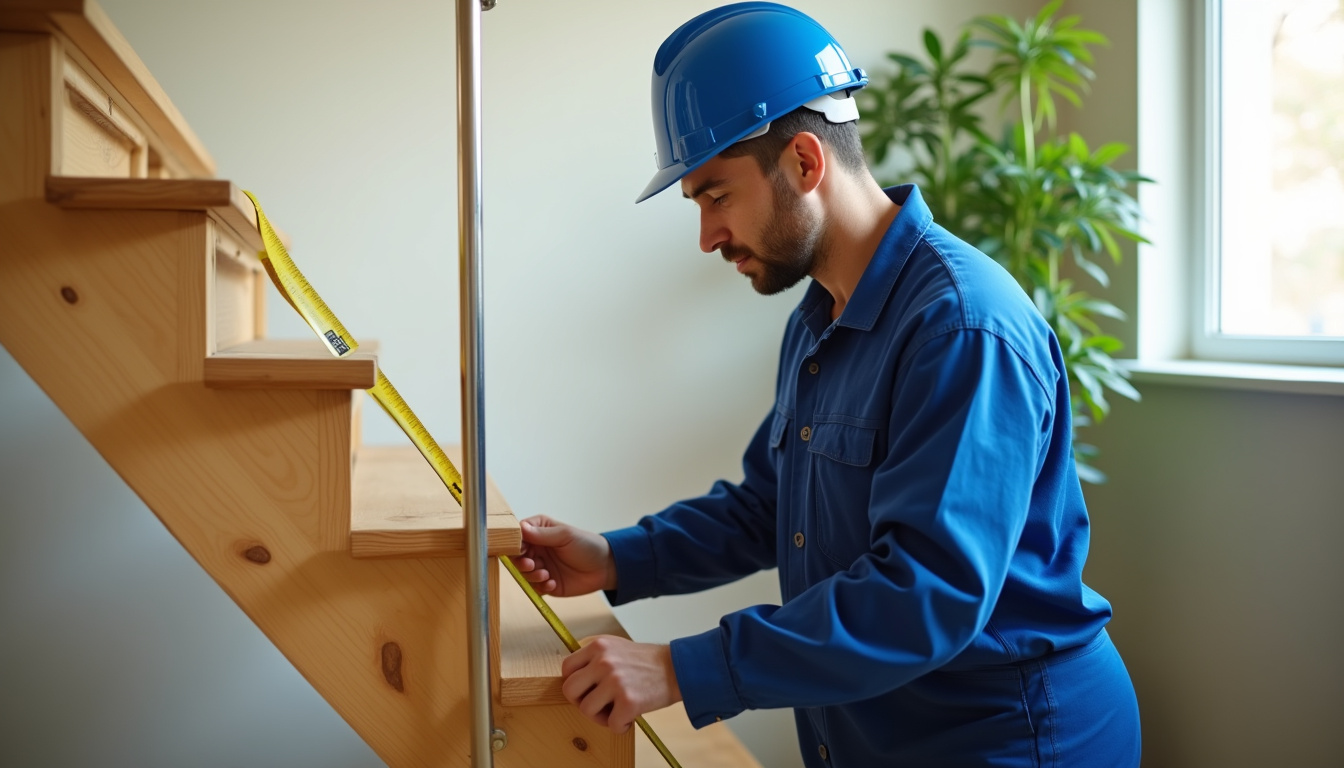 Technicien mesurant un escalier droit lors d