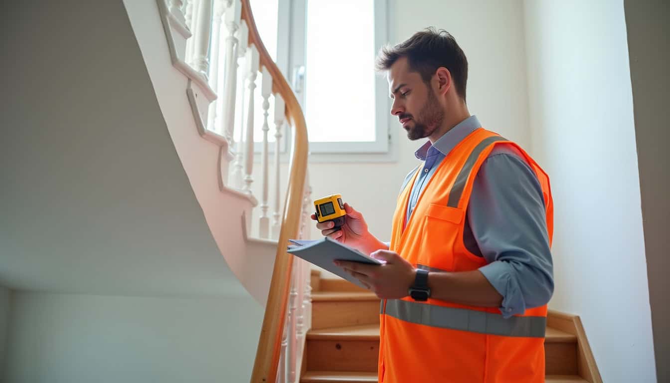 Technicien mesurant un escalier pour une étude technique à Saint-Ouen-sur-Seine