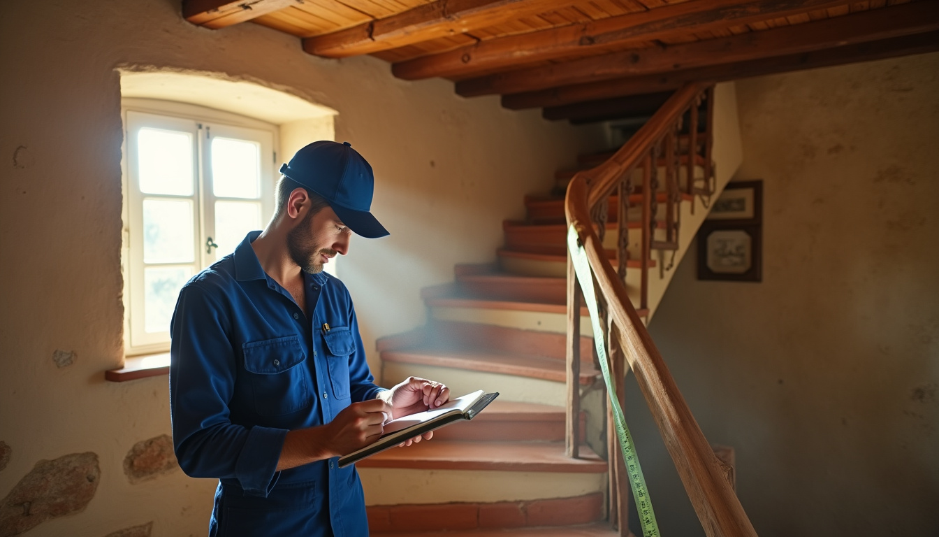Technicien prenant des mesures dans une maison à Cotignac pour un devis de monte-escalier