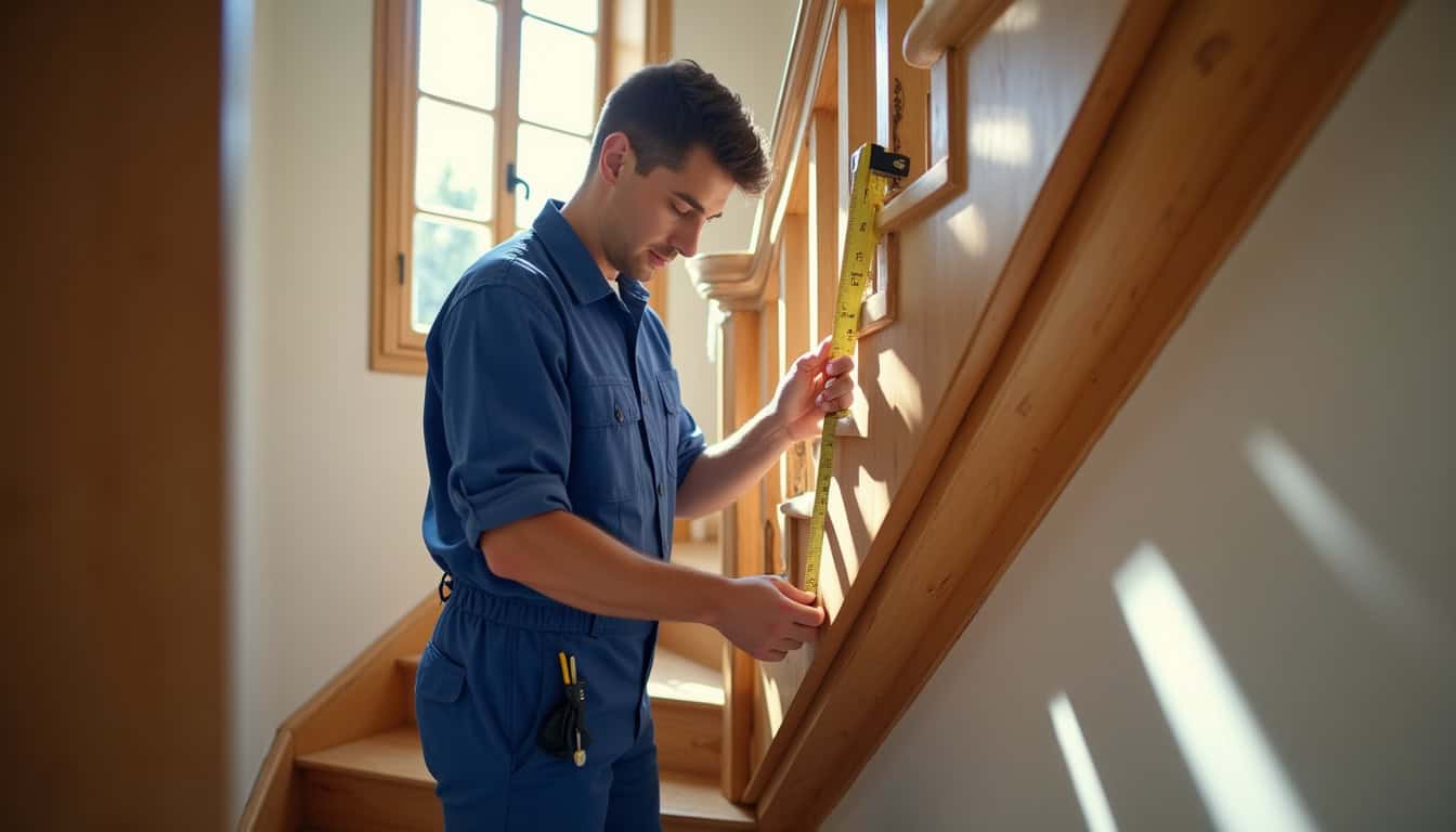 Technicien prenant des mesures pour un devis de monte-escalier à domicile à Saint-Jean-la-Bussière